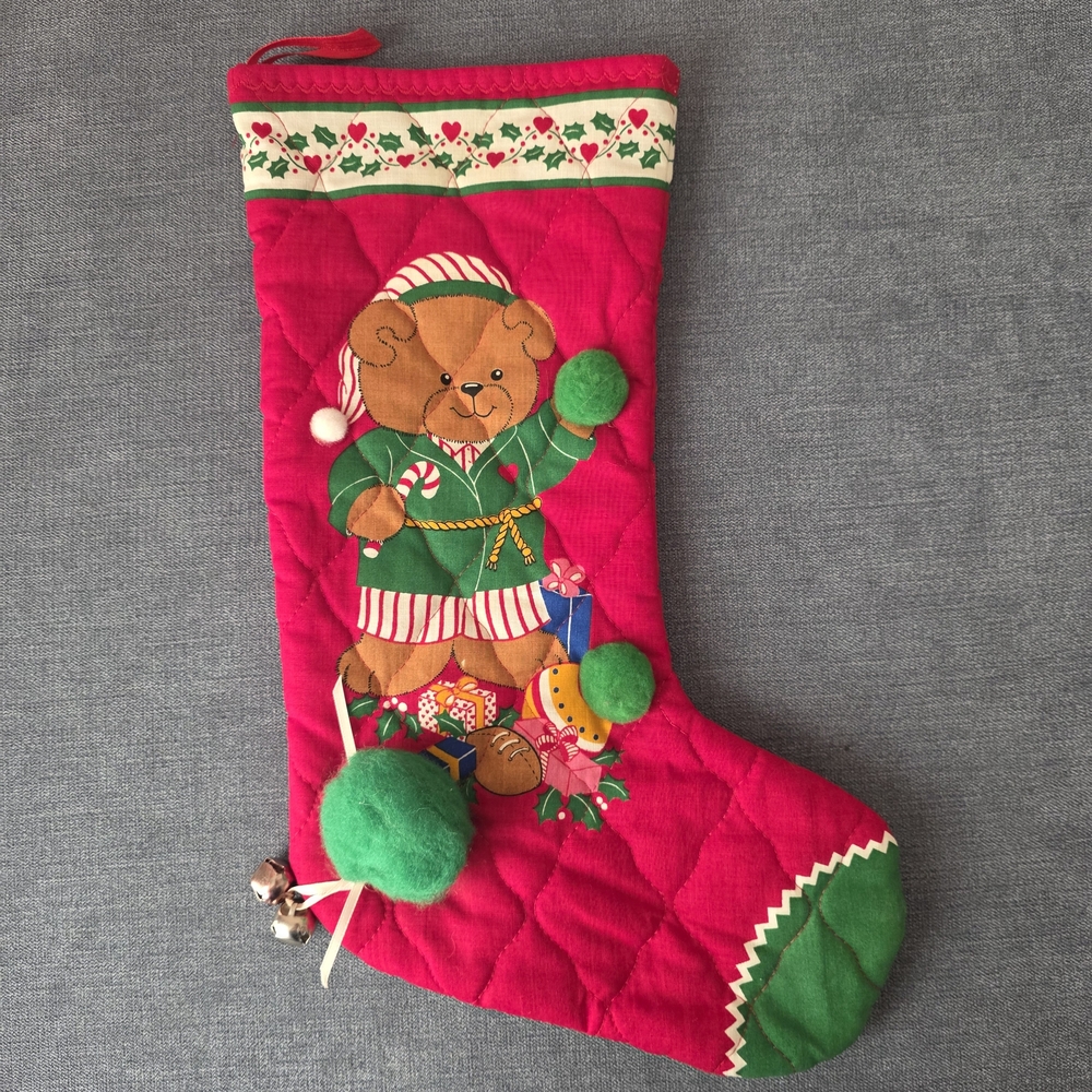 Festive Vintage Red Christmas Stocking with Bear Design
